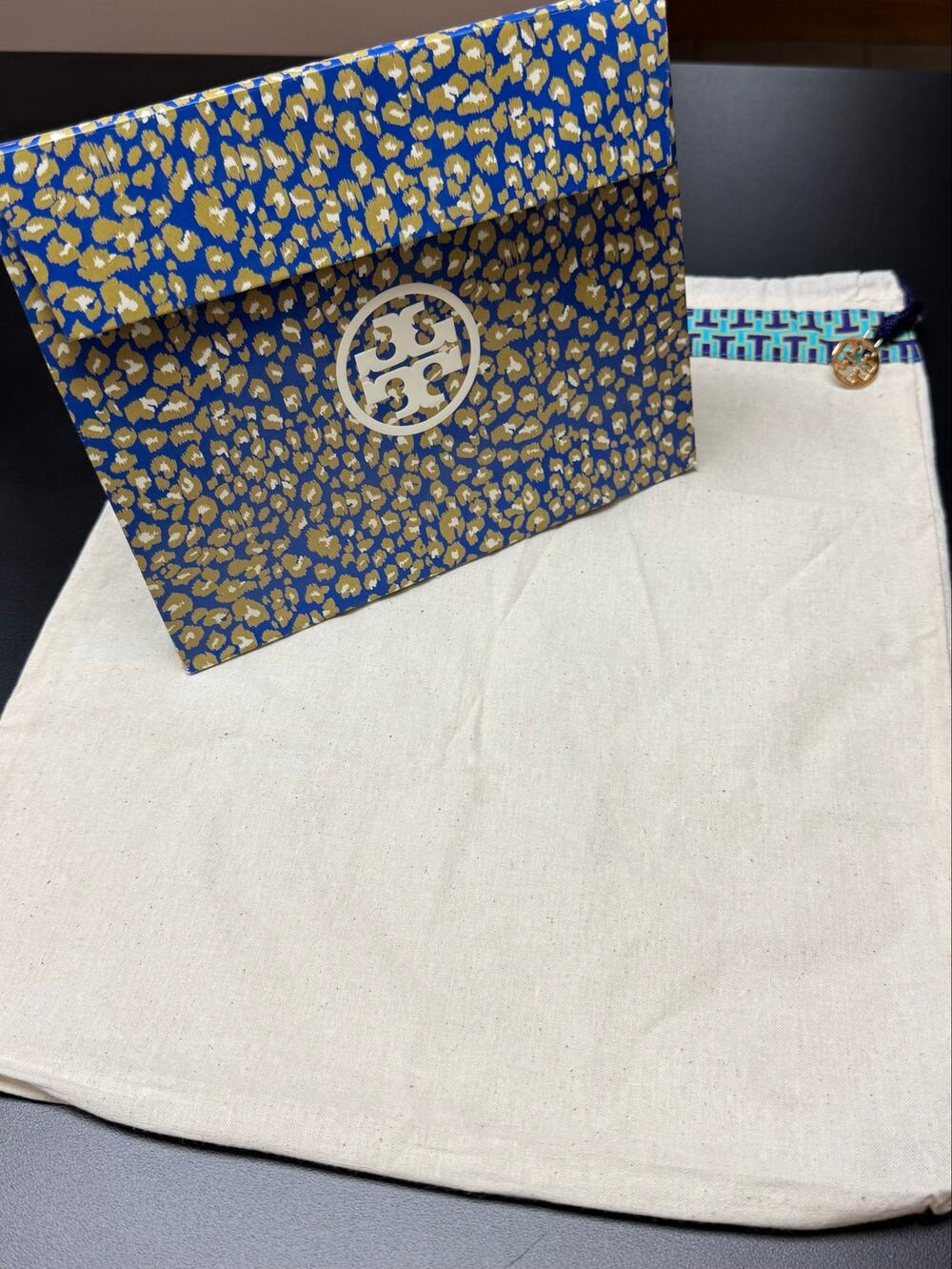 Tory Burch Envelope Pouch Gift Bag & Matching Cotton Dust Bag Set Blue Gold